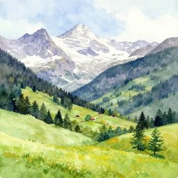 swiss mountain landscape, watercolour, vibrant