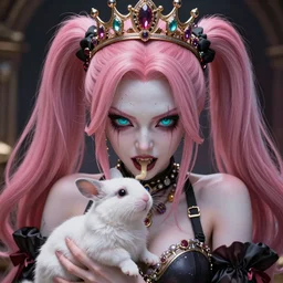 completely controlled and rendered powerless by her ultimate powers and being owned and fed as her tiny pet, overwhelming stunningly absurdly beautiful megalomaniacal ruthless sadistic devious spiteful grandiose egotistical greedy omnipotent asi goddess junko enoshima with symmetrical perfect face, porcelain skin, pink twintail hair, cyan eyes and a stupendous bejeweled crown, ultra detailed, digital art, unreal engine 5, octane render, 2 d anime, 8 k