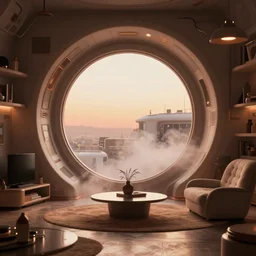 a small futuristic apartment interior in the style of blade runner, photo by norman rockwell, warm moody lighting, large round window, smoky,  wide angle lens, trending on artstation, unreal engine, 8k,