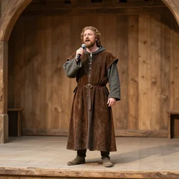a medieval bard singing in a wooden stage in the middle of an old wooden town with his hurdy - gurdy. smoke explosion around him. mid day light. medieval market fest.