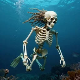 underwater photography of a human skeleton with dreadlocks in symbiosis with a steampunk octopus and a jellyfish, bioluminescence, bloom, by victor grasso digital illustration, radiant light
