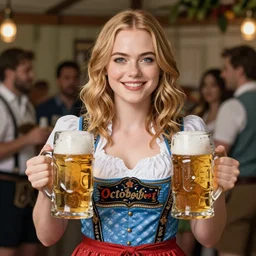 octoberfest, emma stone holding beer mugs, photoshoot, 4 k, hyper realistic, natural, highly detailed, digital illustration, trending in artstation, classical painting, smooth, sharp focus art by ilya repin