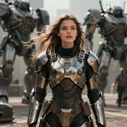 portrait cinematography of beautiful young female, clothed in sci-fi military armor, long hair blowing in the wind. Giant mechs in the street. by Anita Sadowska