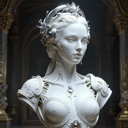 bust of an absurdly beautiful, graceful, sophisticated, fashionable futuristic woman, facial piercings, natalie portman, heavy body modification, implants, prosthetics, hyperdetailed by popovy sisters, intricate linework, white porcelain skin, faberge, intricate chrome headdress, dark atmosphere, unreal engine 5 highly rendered, global illumination, radiant light, detailed and intricate environment