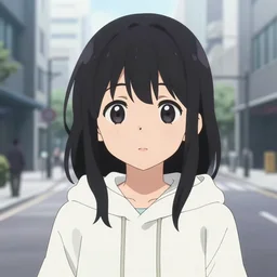 anime visual, illustration of a young black haired girl wearing hoodie on the detailed modern city street background, cute face by yoh yoshinari, katsura masakazu, studio lighting, zoom out, ilya kuvshinov, cel shaded, crisp and sharp, rounded eyes, bright daylight moody