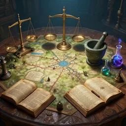 unreal engine, tony sart, table, map, wizards laboratory, mortar, pestle, scales, magic book, beaker, energy