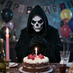 the grim reaper at a birthday party looking sad