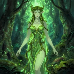 junoesque curvaceous fey queen, vine dress, glowing forest, strong line, eerie color, beautiful! coherent! by brian froud