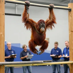publicity photo released by boston dynamics of its prototype robotic orangutan leaping or swinging or climbing in an obstacle - course while engineers are taking notes.