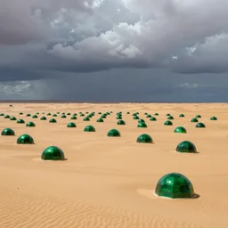 sprawling desert covered with small shiny emerald domes under dramatic clouds by caspar david friedrich,, by alexander fedosav, 8 k resolution, behance hd, artstation, nightcafe
