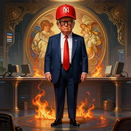 symmetry!! full body portrait!!!! of donald trump, pretty face, decorated with red baseball hat black glasses while there's fire in a cyberpunk office environment, intricate, elegant, highly detailed, digital painting, artstation, concept art, smooth, sharp focus, illustration, art by artgerm and greg rutkowski and alphonse mucha, 8 k