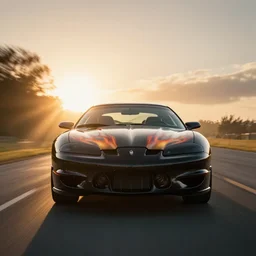 black pontiac firebird trans - am with flames graphics on the chassis facing the camera, sunrise, cinematic, motionblur, sunbeams, volumetric lighting, wide shot, low angle, artstation