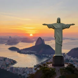 pastels painting of sunset over RIo de Janiero, Christ the Redeemer, panoramic, digital painting, by RHADS and Moebius