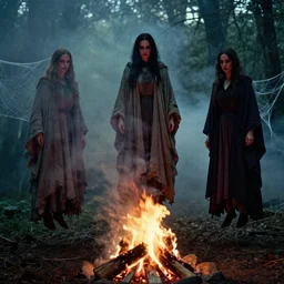 a film still of witch women wearing layered linen cloaks floating in the air around a bonfire in a forest, smokey, low key, film grain, horror, spiderwebs,