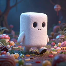 A Marshmallow Golem wandering a candy landscape, mystical, mysterious, magical, Octane Render, Raytracing
