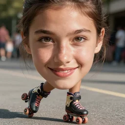 lovely focus sharp very detailed face of a bikini model rollerblading on the street and having fun, sharp eyes, smile, portrait, face close - up