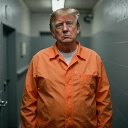 a beautifull photographic still of donald trump in prison, orange prisonner uniform + filthy and humid prison, natural prison light, by terry richardson