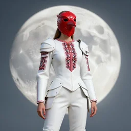 female adventurer in tight full - body white embroidered leather armor of vyshyvanka design with red accents and a red porcelain crow mask, trending in artstation, ukrainian, artstation, big moon in the background, establishing shot