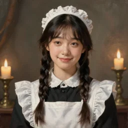 a ((sadly)) (((smiling)))) black haired, young hungarian servantmaid from the 19th century who looks very similar to Lee Young Ae with a two french braids, detailed, soft focus, candle light, realistic oil painting by  Ferenczy Károly, John Everett Millais, Munkácsy, Csók István, and da Vinci
