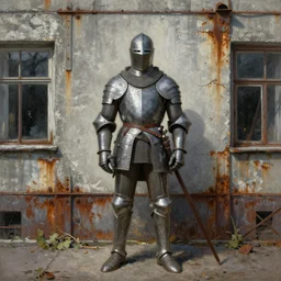 medieval knight standing on a street in modern day Pripyat Chernobyl concrete rusted steel grey walls intricate painting by john william waterhouse and Edwin Longsden Long and Theodore Ralli and William-Adolphe Bouguereau, very coherent symmetrical artwork. Cinematic, hyper realism, high detail 8k