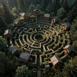 tree labyrinth concealing wooden huts on a hill, dark, volumetric lighting, 8 k octane beautifully detailed render, post - processing, extremely hyper - detailed, intricate, epic composition, cinematic lighting, intricate, trending on artstation, stunning art by anders zorn, wonderful masterpiece by rutkowski, beautiful cinematic light