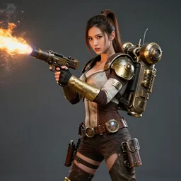 photo of a female steampunk warrior with jetpack and flamethrower