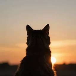 a stunning silhouette of the back of a furry cat watching a sunset by tom bagshaw and zach sutton, backlight, backview, 5 0 mm, golden hour hues, sunset sky, artstation, 8 k, highly coherent