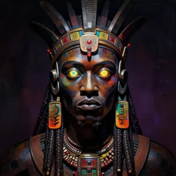 portrait of mecha african tribal chief, symmetrical, dramatic lighting, colourful, glowing eyes, art by zdzislaw beksinski,