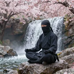 a ninja meditating on a rock near a waterfall surrounded by cherry blossom trees, unreal engine, highly detailed, high quality