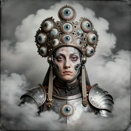 1 9 1 2 wwi wonderful realistic armour made of eyes, thick clouds behind, 3 5 mm, colorized tintype photo, dystopian environment, intricate, highly detailed, centered headdress, digital painting, artstation, concept, smooth, sharp focus, illustration, artgerm