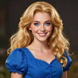 an insanely detailed realistic depiction of haley from stardew valley with a happy smile, flowing golden blonde hair, sapphire blue eyes, perfect makeup, perfect teeth, wearing lovely blue dress, in the style of peter mohrbacher, artgerm, dramatic lighting and composition, octane render, trending on artstation, concept art 8 k