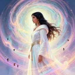 side portrait, maya ali, sorcerer, fantasy robe, gloomhaven, luminescent, colorful swirly magic ripples, pastel colors, by greg manchess, huang guangjian, gil elvgren, sachin teng, greg rutkowski, jesper ejsing, ilya kuvshinov