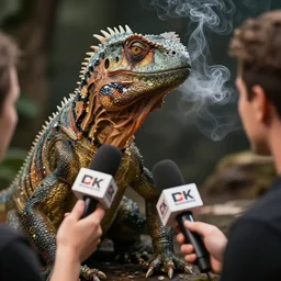 High resolution!! real Reptilian actor doing interviews while smoking, 8K, Cinematic, hyperrealistic, tv show