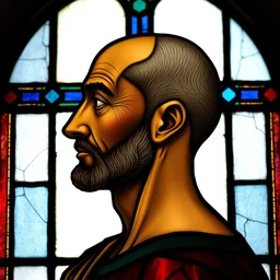 side - view portrait of a 5 0 year old middle eastern man, bald, shaven, 1 0 th century stained glass window, very masterful