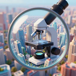 an electron microscope image of a sprawling mega city, bokeh, 3D render, magnified, vibrant colors