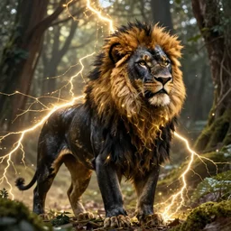 black lion king with fur from gold lightnings surrounded by epic forest, epic cinematic shot, sharp focus, hyperdetails, concept art,  artstation, cgsociety, 8k, by magali villeneuve and raphael lacoste