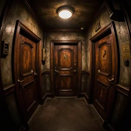 dimly lit, theatre access corridor background, 3 doors, fish eye, steampunk