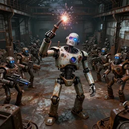 a realistic deranged robot holding a welding torch over its head, the welding torch is sparking, standing in front of an army of robots inside a huge rusty dingy warehouse, army of robots, raygun gothic, atomic punk, digital art, detailed octane render, high angle
