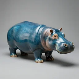 a smooth glossy museum - quality hippopotamus made of polished wood and teal blue ceramic, hd photograph, matte gray background