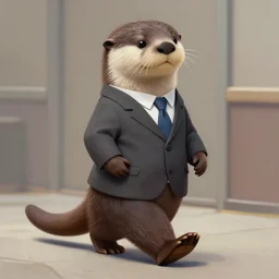 well proportioned, stylized expressive master furry art painting by blotch and rukis of an anthro otter, full body, wearing suit and tie, walking to his job