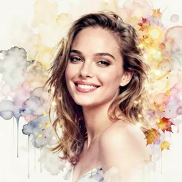 sexy seducing smile nathalie portman by agnes cecile, half body portrait, extremely luminous bright design, pastel colours, ink drips, autumn lights