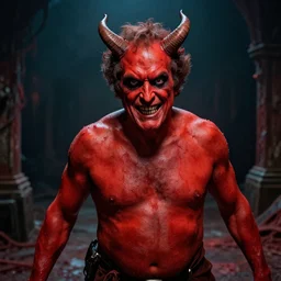 robin williams makes the devil laugh, sinister lair, creepy hellscape, the devil os played by bill murray, saturated red skin, horns, photo