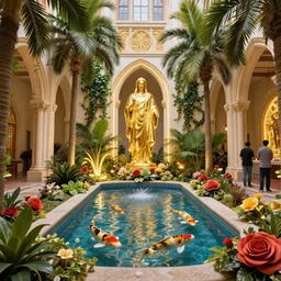 cathedral interior with koi pond in the middle surrounded by palm trees, ivy, flowers, tropical plants, neon glow, gold lining, glossy gold statue, roses, and with archways. style leonardo + year 1 8 2 5, two men, rendered in octane render with photorealistic lighting