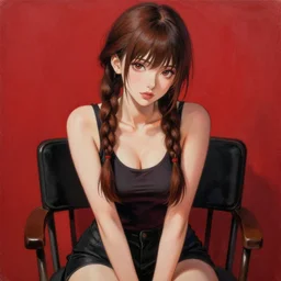 sexy girl with braided brown hair, wearing a tanktop, and sitting on a chair, highly detailed, painting, red and black color palette, intricate, high quality anime artstyle, in the style of ilya kuvshinov
