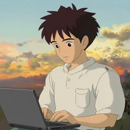 guy with black hair using a laptop, tan skin, looking down, art by hayao miyazaki, studio ghibli film, twitter pfp, sunset