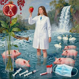 a tall female pathology student holding a strawberry, a river flooding inside, medical supplies, medical mask, syringes, pathology sample test tubes, pigs, plants in glass vase, water, river, rapids, canoe, pomegranate, berries dripping, waterfall, swans, acrylic on canvas, surrealist, by magritte and monet