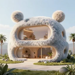 detailed architectural render of a futuristic home furry fuzzy muppets shape surreal atmosphere inspired by postmodernism hyperreal hyperdetailed 3 d samaritual 8 k real engine