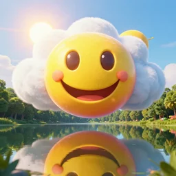 fantastical vibrant smiley face emoji shaped cloud with holes for eyes and mouth above a mirrored lake, in a nature scene by marc adamus, high definition, sun breaking behind the emoji, 😃😀😄☺🙃😉😗, cheerful, rave art