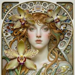beautiful young orchid fairy detailed realistic porcelain face portrait by jean delville, alphonse mucha, iris van herpen and marco mazzoni, art forms of nature by ernst haeckel, art nouveau, symbolist, visionary, gothic, neo - gothic, pre - raphaelite, fractal lace, intricate alien botanical biodiversity, surreality, hyperdetailed ultrasharp octane render