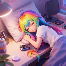 advanced 3 d render digital anime art!!, gamer girl in bedroom sleeping on desk!!, rainbow eyes, rainbow hair, iterations = 5 0 0 0, trending on pixiv, artstation, deviantart, sakimimichan, artgerm